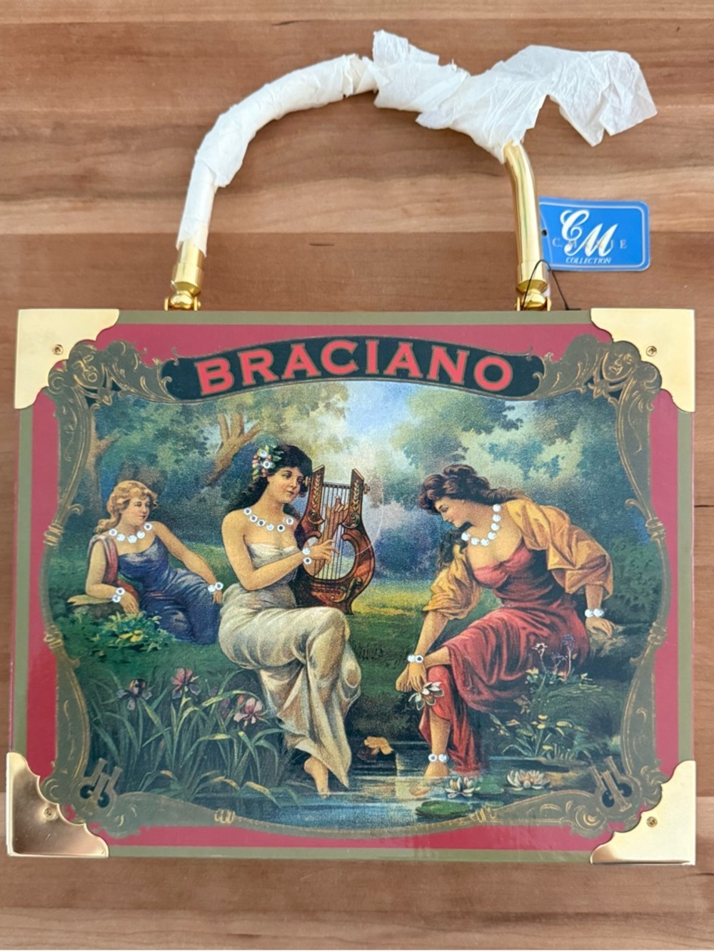 Braciano Red and Gold Vintage Art Cigar Box Style Handbag